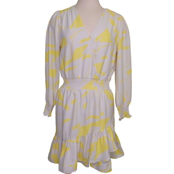 Vince Camuto Dresses & Skirts - Vince Camuto Women's Yellow/White Abstract Print Smocked Ruffled Dress Size PM